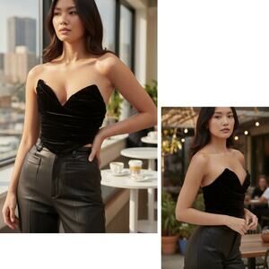 House Of CB Marina Corset Top M Black Velvet Bustier Strapless Glam Goth Evening